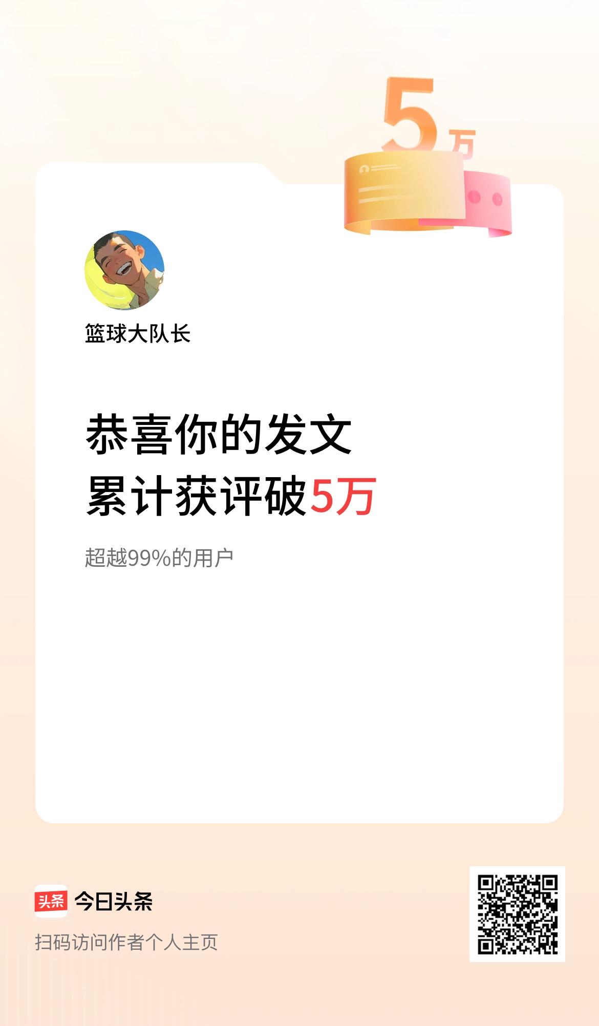  我在头条累计获评论量破5万啦！
突然收到这个是什么水平？