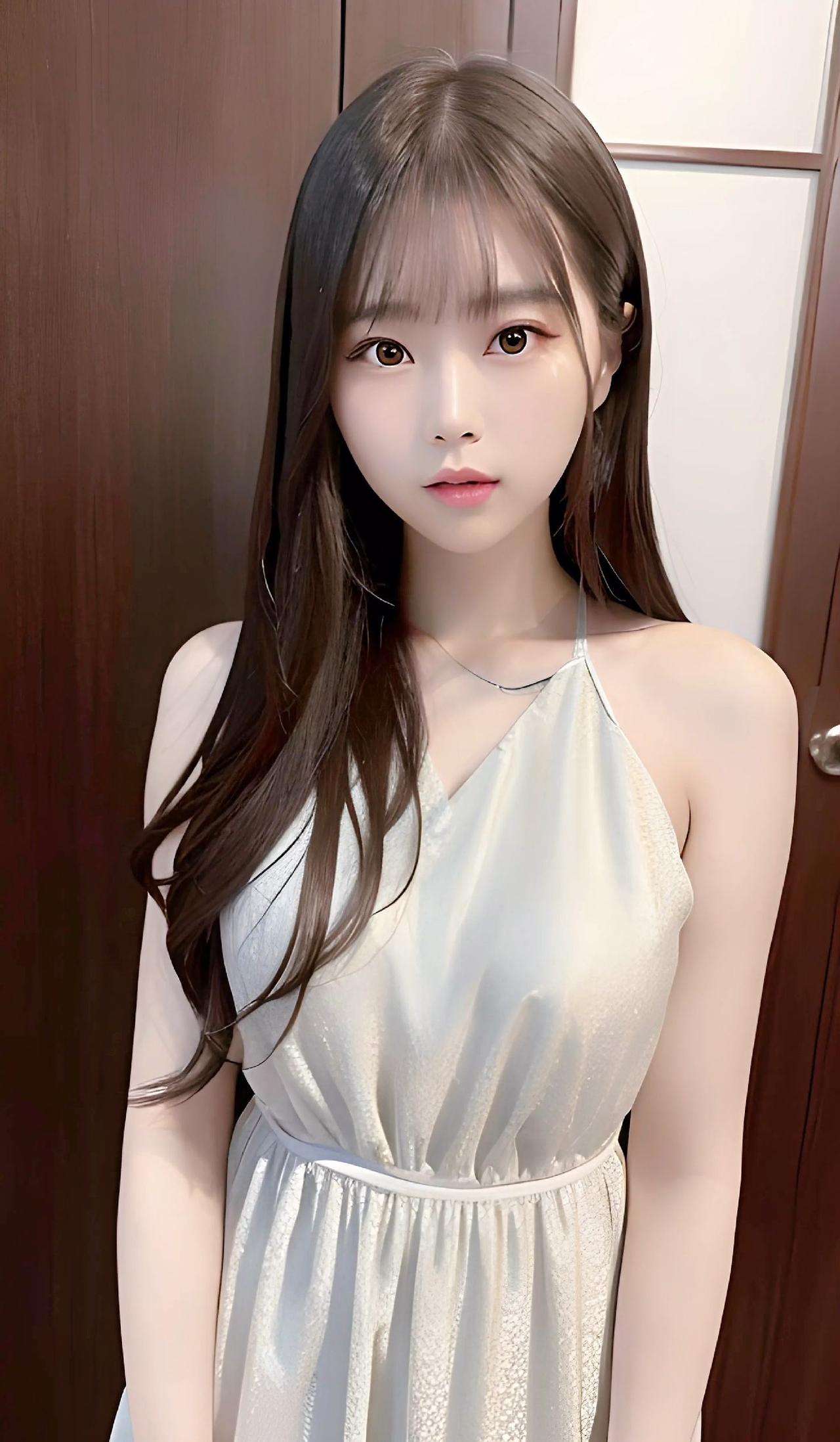 她婀娜多姿，如花般绽放。她的双眸清澈明亮，笑容甜美可人。她是那个房间里最耀眼的存