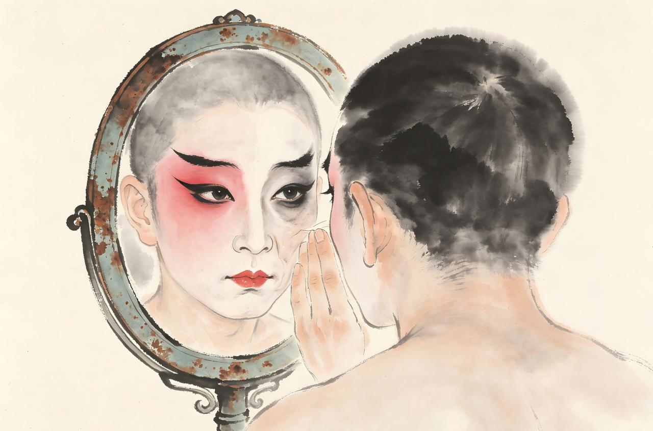后台的镜子前面，一个老生正在勾脸。

一笔，又一笔，先把自己涂掉，再画出另一个人
