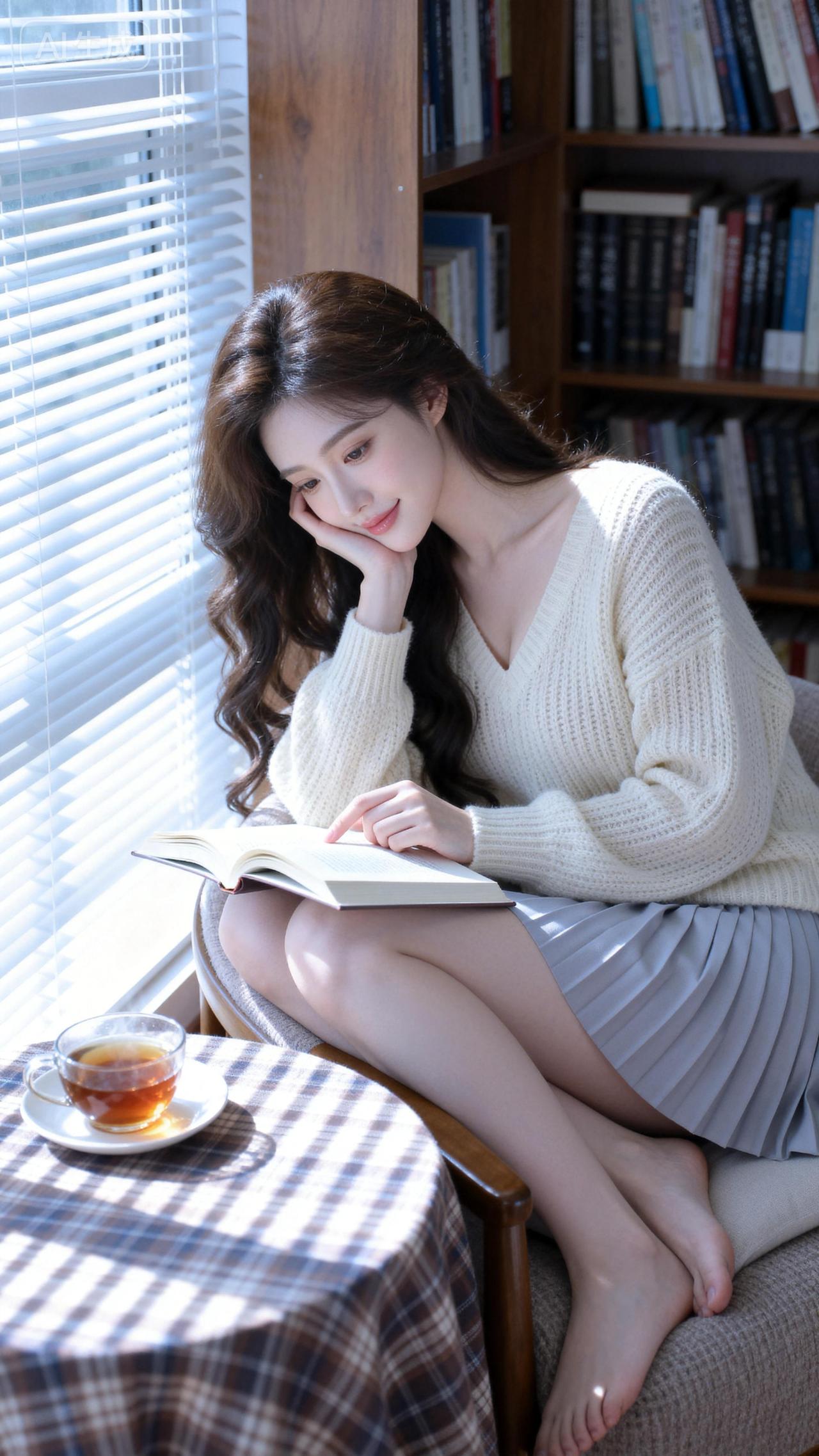午后阳光踱进书房，她蜷在墨香与光影里。书页轻翻的声响，惊动了时光的尘埃，也漾起了