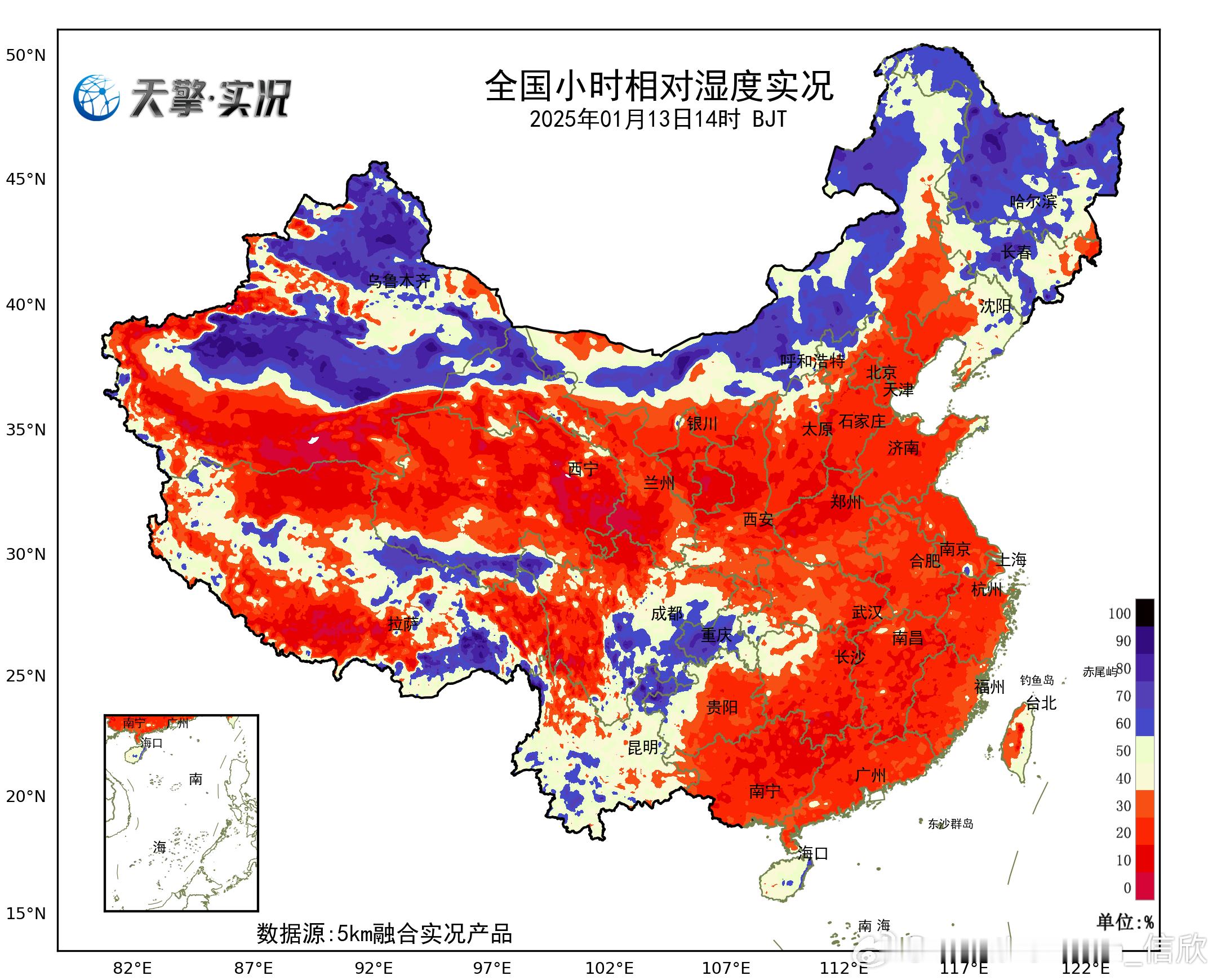 【干燥】今天下午长城以南的很多地方，空气很干燥。河南栾川7%，为中东部最干燥的站