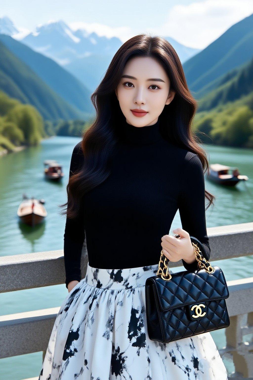 《江影墨韵》
 
雪山洇在碧江的镜
墨衫裁了云的影
裙裾抖落水墨的浪
金链挽住风