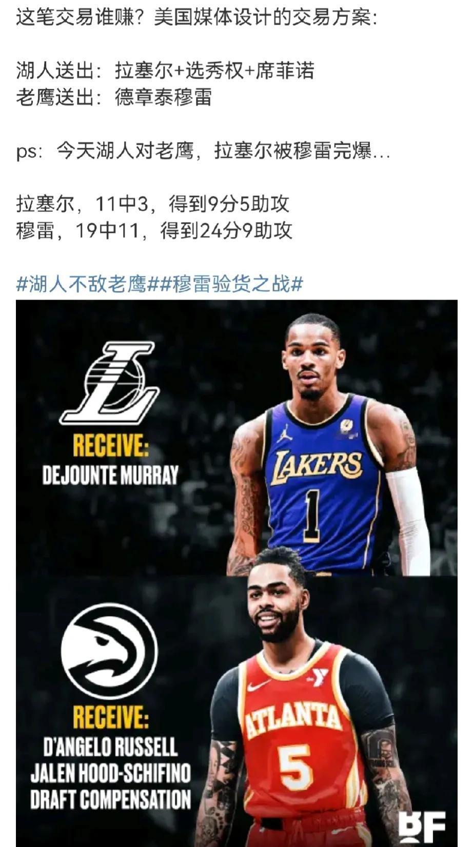穆雷来了
就算不兼容也是优质合同
未来还能再交易，肯定是湖人赚
水拉就这样，给点