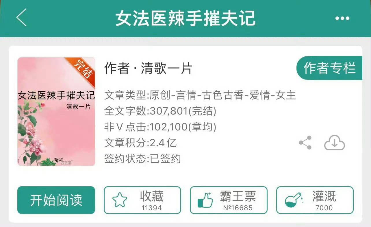 小说推荐：《女法医辣手摧夫记》 作者:清歌一片简评：冷静女法医vs宠妻纨绔子弟，