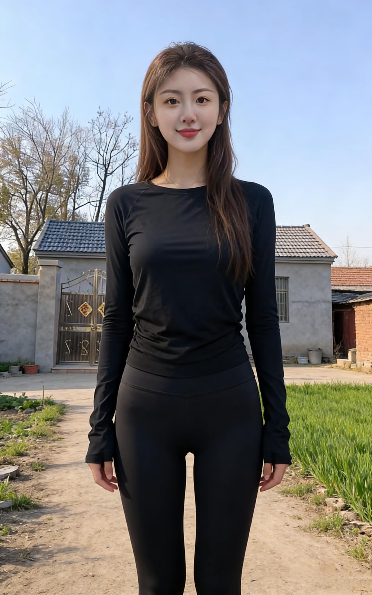 晨光是新鲜的，洒在乡间的土路
她站在那里，像一株刚抽芽的树
黑色运动衣裹着紧致的