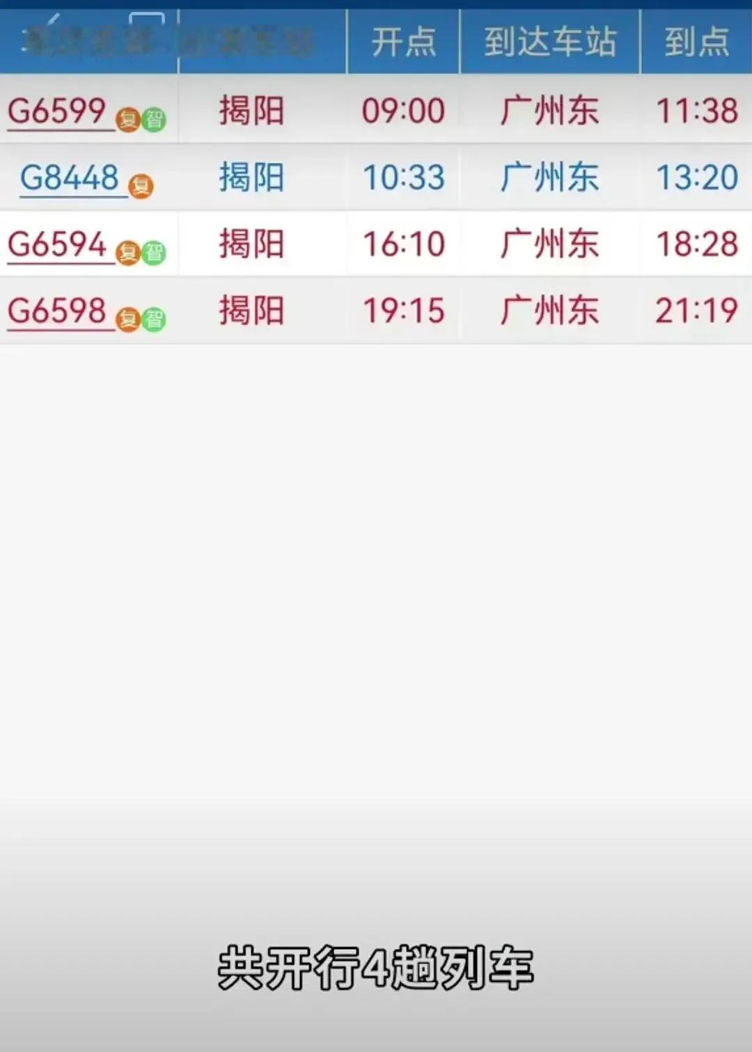 高铁《揭阳站》每天始发4趟高铁直达大标杆列车：揭阳→广州。
其它始发车次按原揭阳