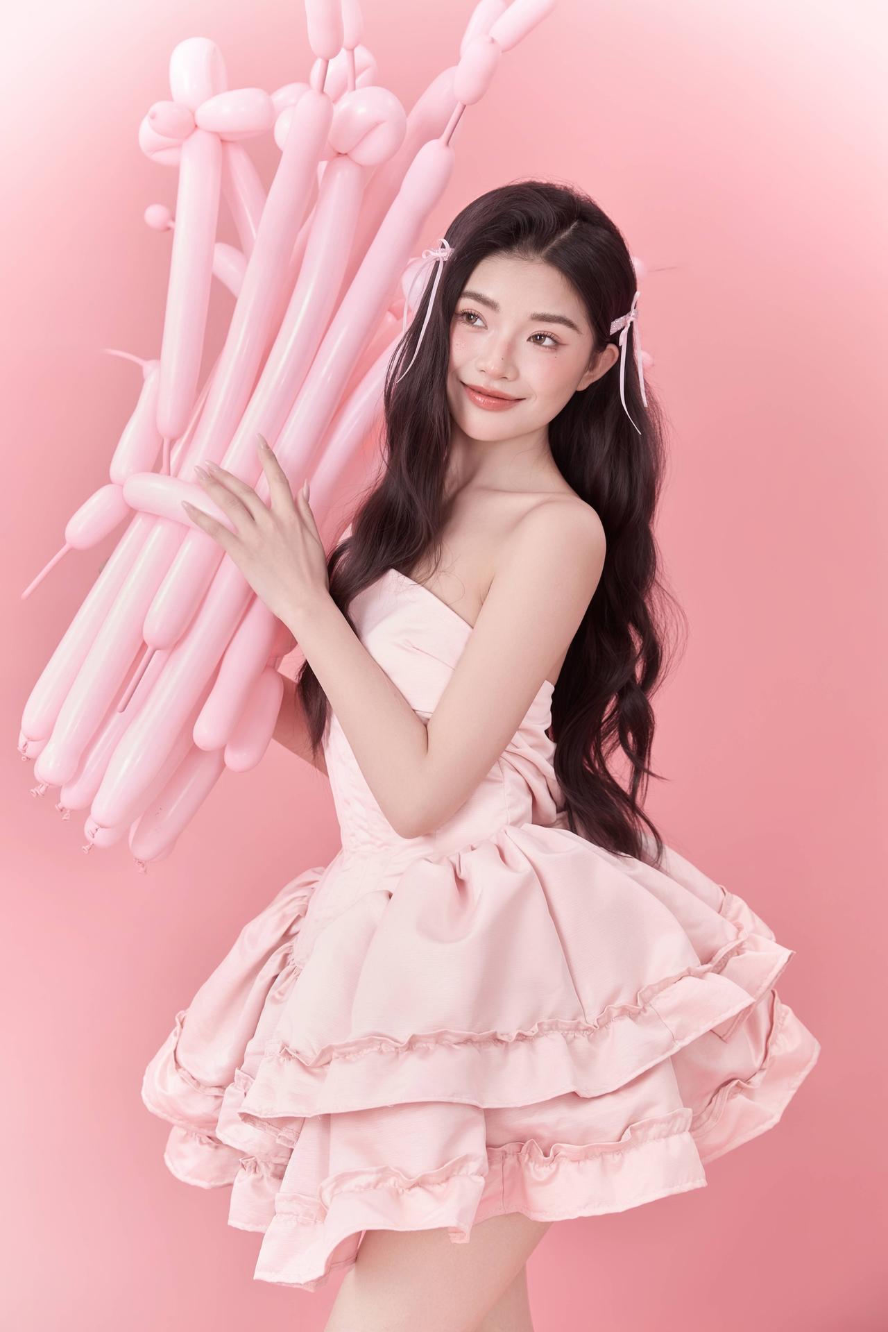 满屏粉色，满眼甜蜜，今天是行走的“芭比梦幻屋”！🎀💗🎈 粉色背景像棉花糖做