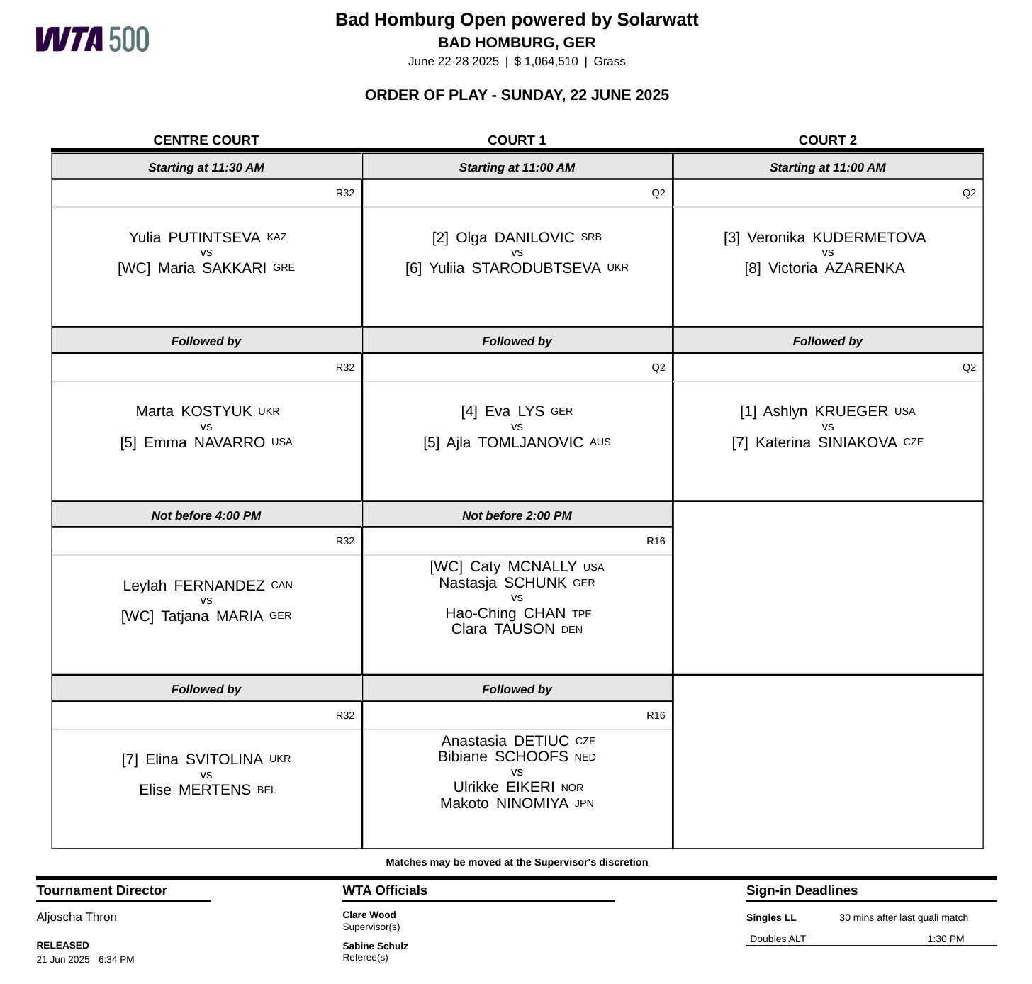 WTA500巴特洪堡站今日赛程📅四场首轮比赛将在中心场进行，以下安排均为北京时