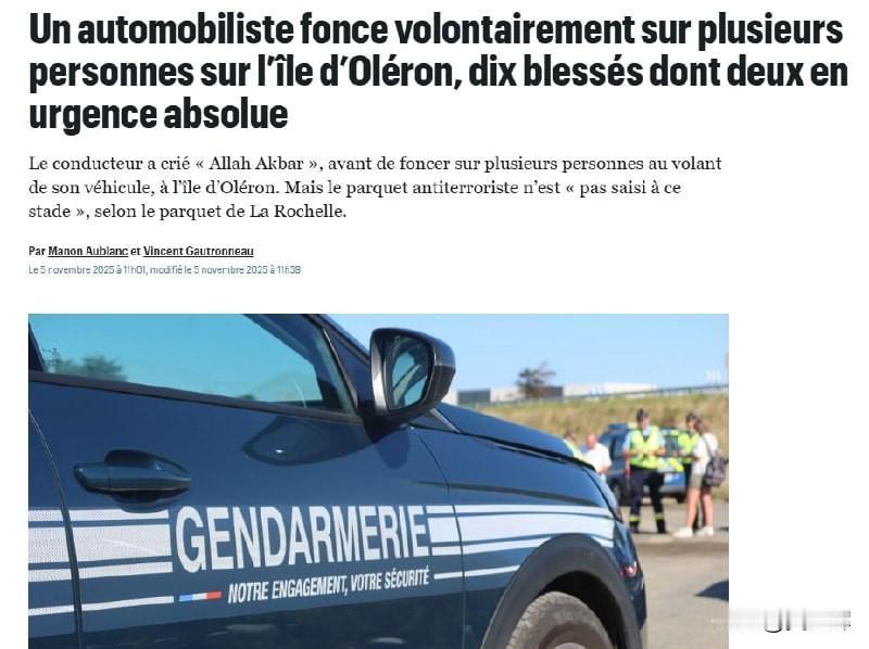 法国恐袭：司机高喊“真主至大”并撞倒10名行人

11月5日，《巴黎人报》报道，