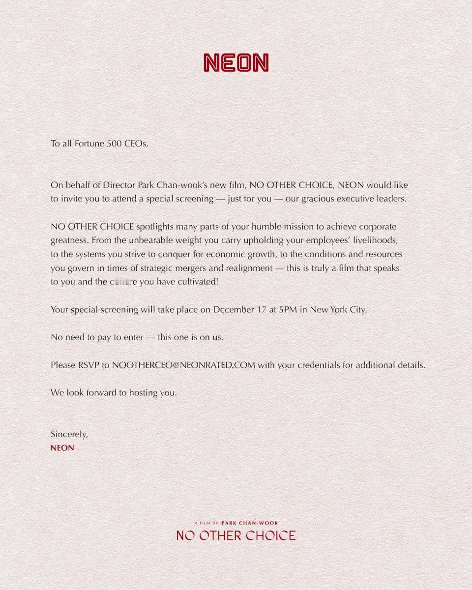 NEON又在搞病毒营销了，这次是朴赞郁新片《无可奈何》。他们发了一封邀请信，邀请