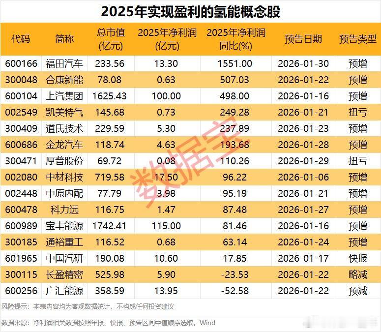 氢能板块异动拉升，实现盈利的概念股名单A股
