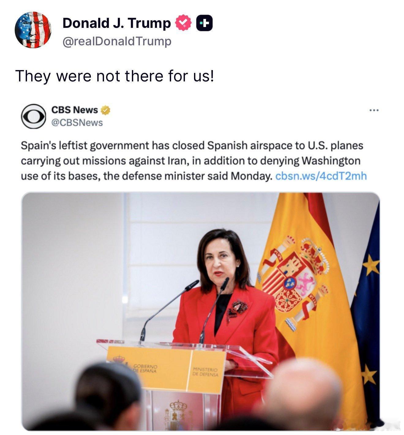 特朗普总统抨击了西班牙的左派政府，称其尽管是“盟友”，却阻止美国使用其领空和军事