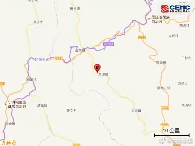 中国地震台网正式测定：07月21日19时43分在云南普洱市墨江县（北纬23.19