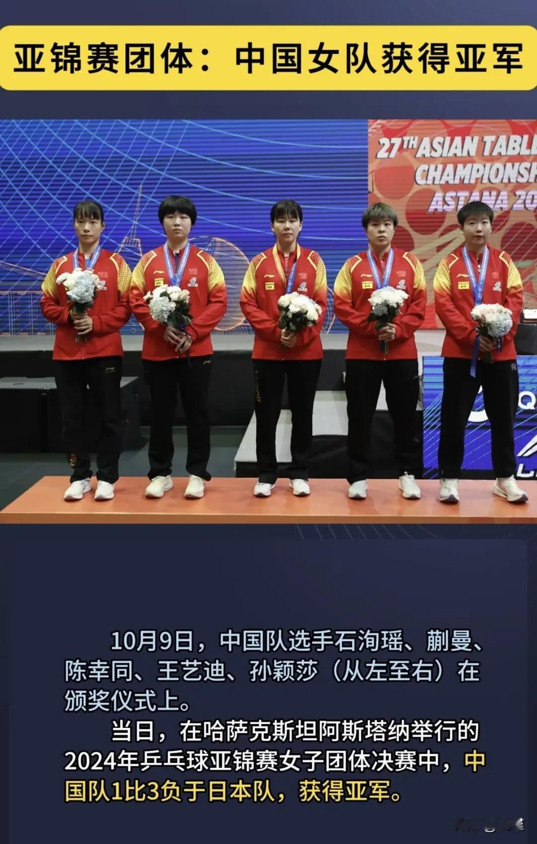乒乓女团在亚锦赛上输给了日本队，都说银比金重，有点变化也好，偶尔输球也能警醒自己