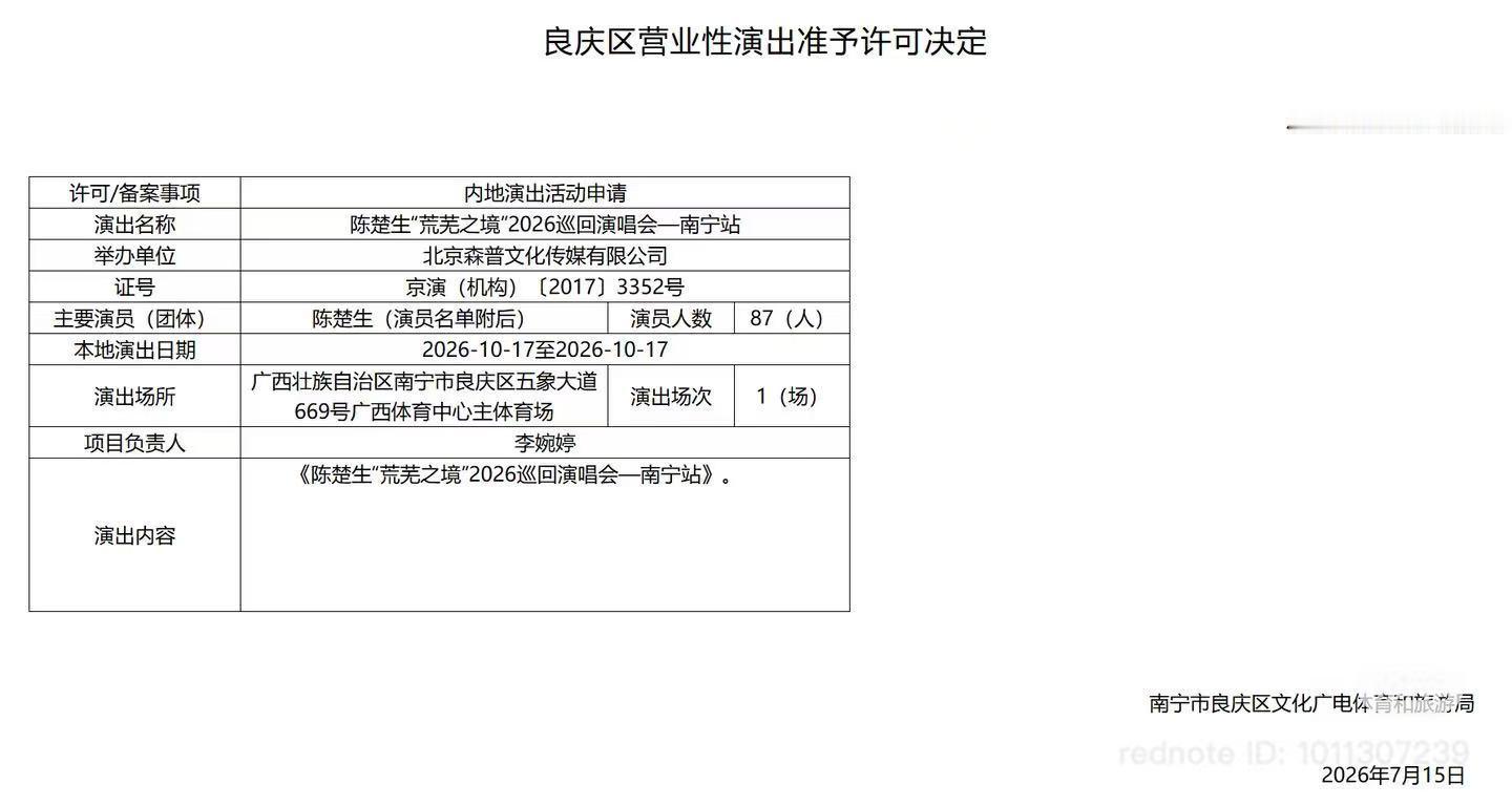 陈楚生荒芜之境巡演南宁场审批通过📆2026.10.17📍广西体育中心主体育场