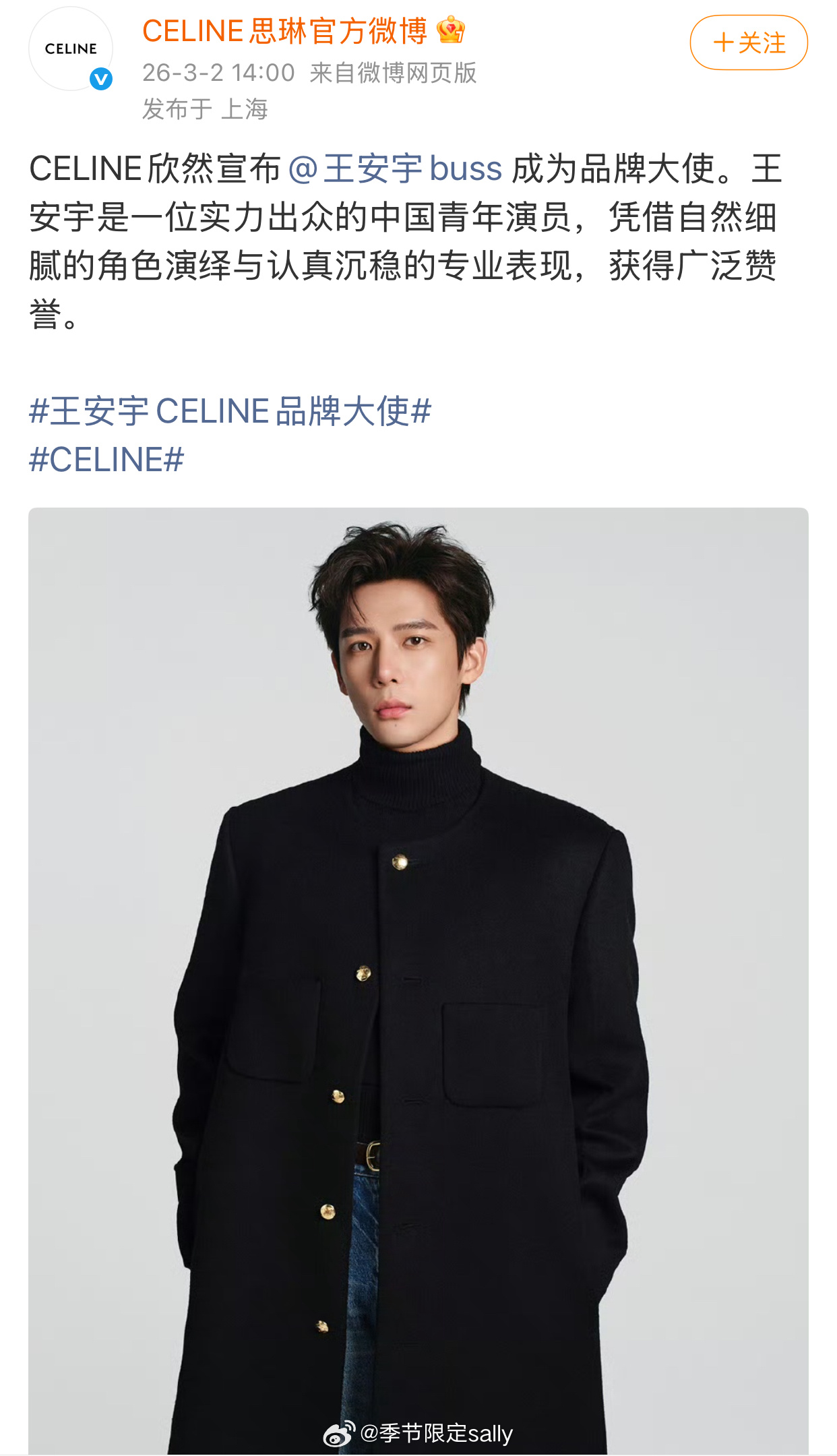 王安宇CELINE品牌大使官宣 