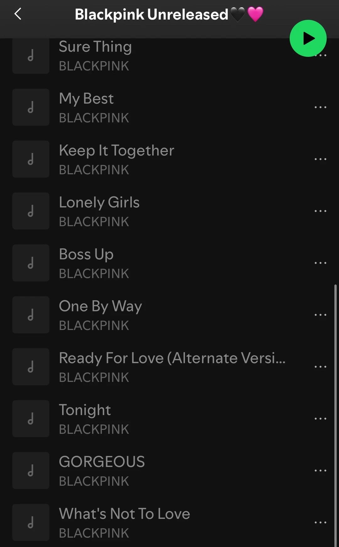 spotify上有一个帐号上传了BLACKPINK未发布的一部分歌曲列表，目前无