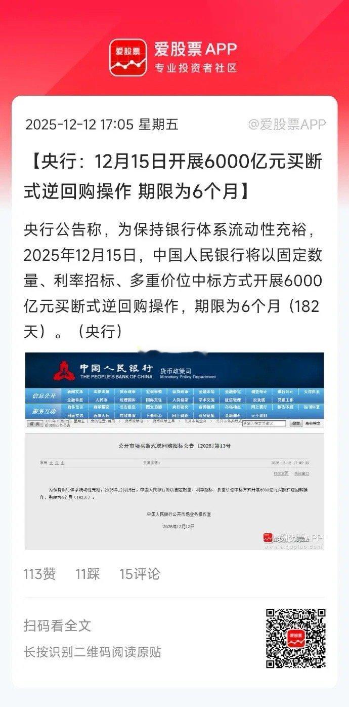 央妈又来利好了，下周一开展6000亿元买断式逆回购操作。上一次12月5日逆回购1