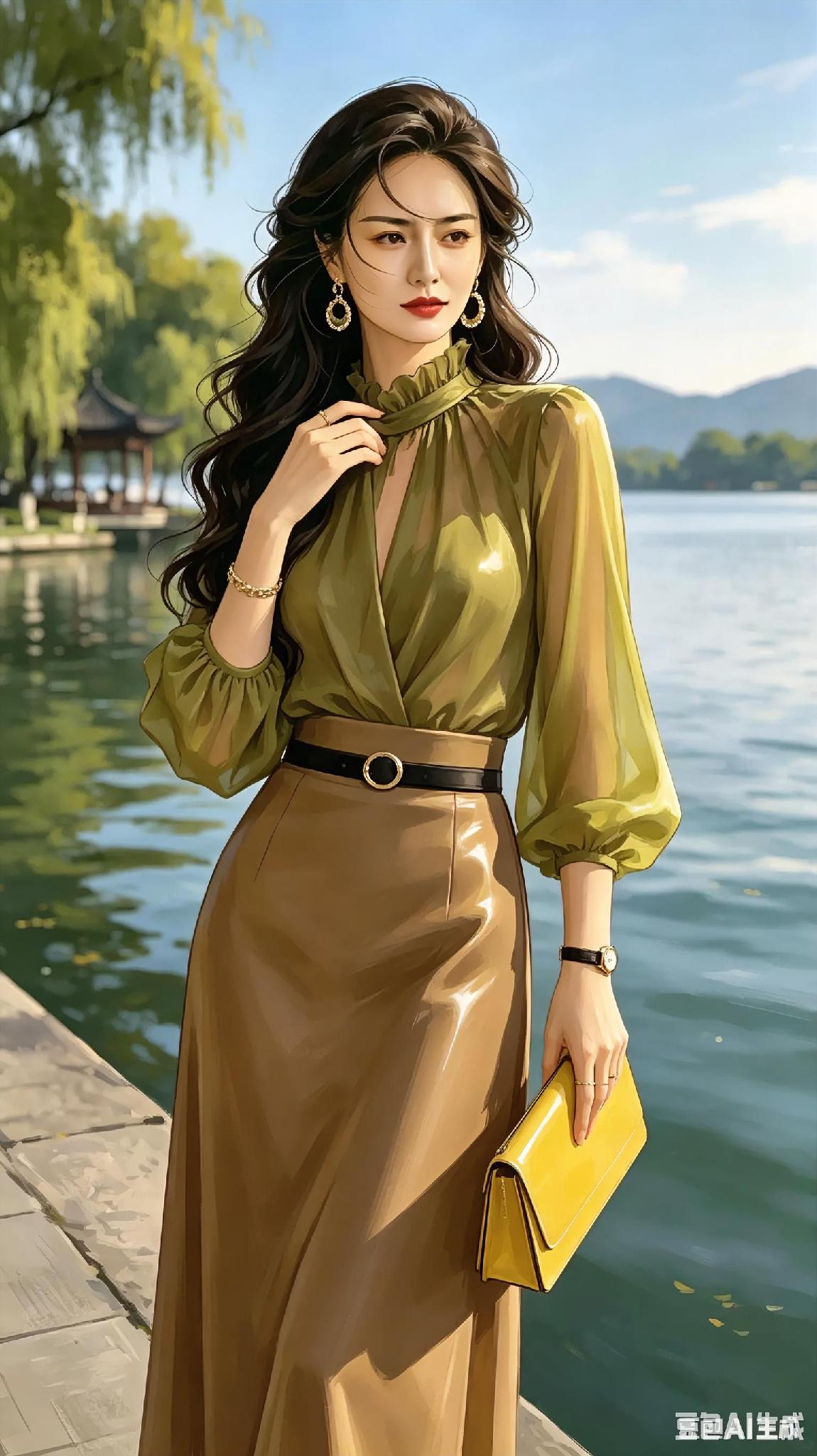 优雅湖畔风，绿意盎然中，尽显东方韵味。
湖畔气质照 
湖畔棕裙照 
湖边温柔风 