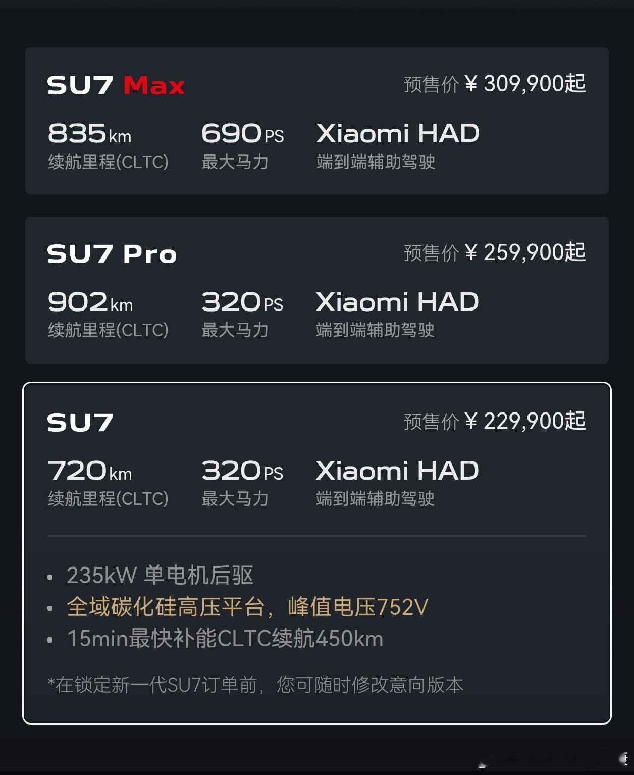 小米新款SU7三个版本，标准版主打入门，Pro版主打902km最长续航，Max主