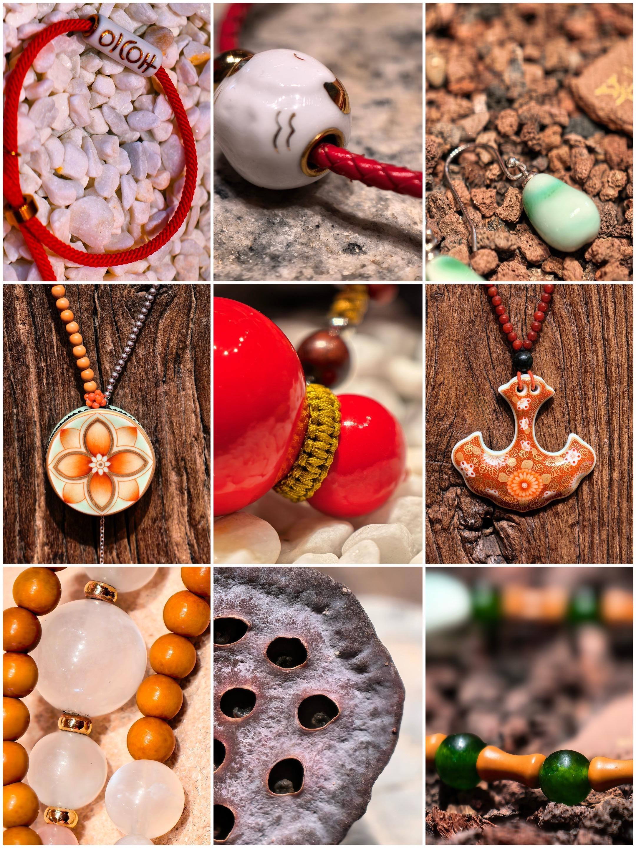 用手机拍首饰，美在肌理里，红绳裹着小巧的瓷珠，莲花挂坠浸着暖调，红珠缠...