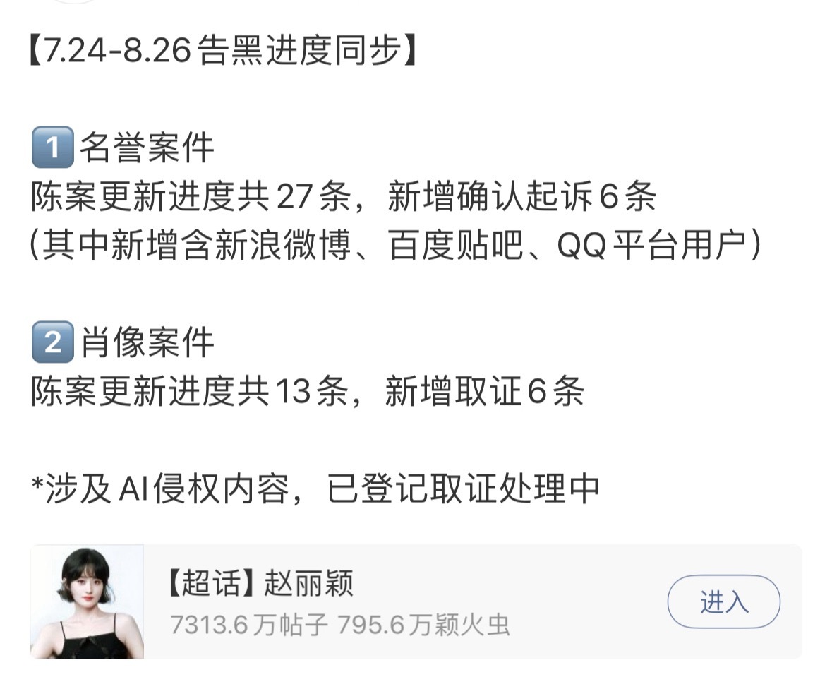 赵丽颖发布告黑进度名誉权陈案27条，新增确认起诉6条希望名单里有那几个老油条 ​