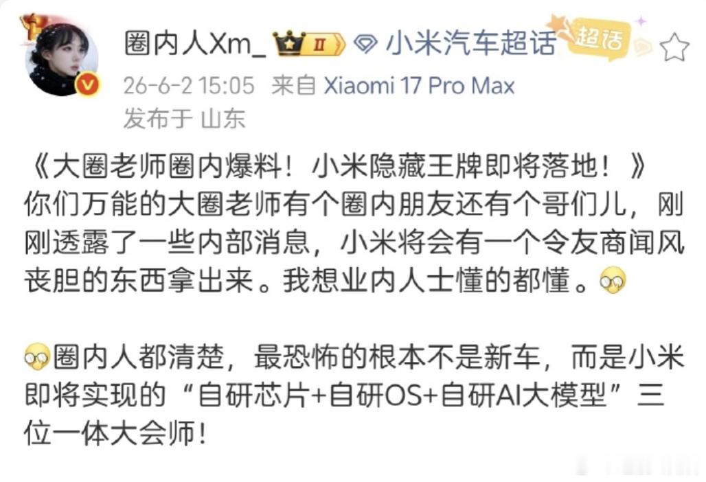 小米隐藏王牌即将落地  小米的王牌？自研芯片+自研OS+自研AI大模型三位一体大