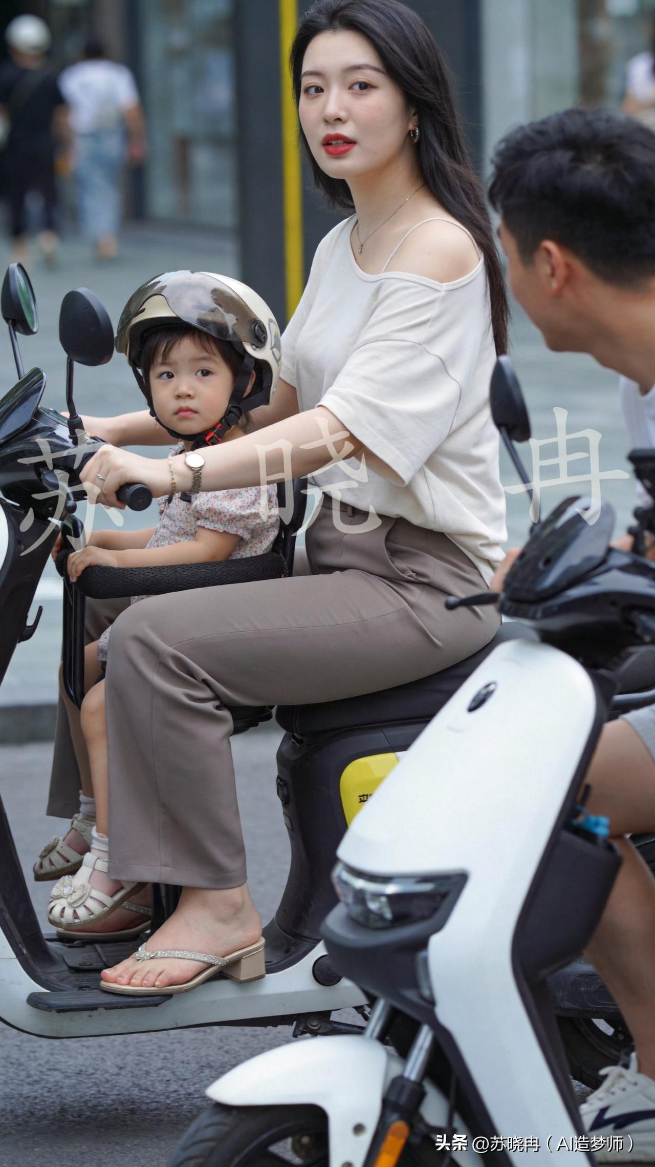 宝妈骑着电动车，稳稳载着自家小闺女，孩子戴着头盔乖乖坐着，本来好好的。结果旁边一