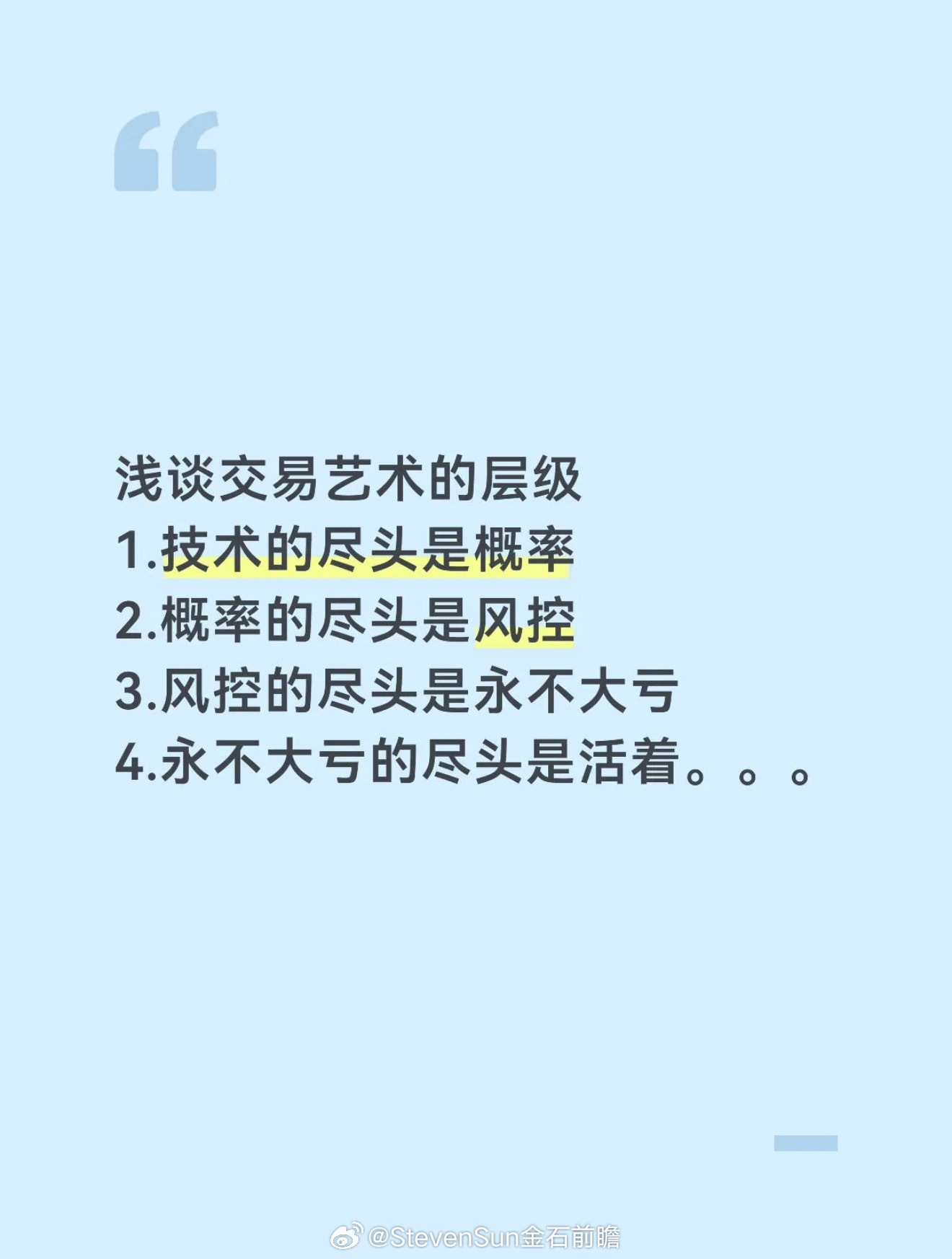 交易艺术的层级 看看你到哪了1.技术的尽头是概率2.概率的尽头是风控3.风控的尽