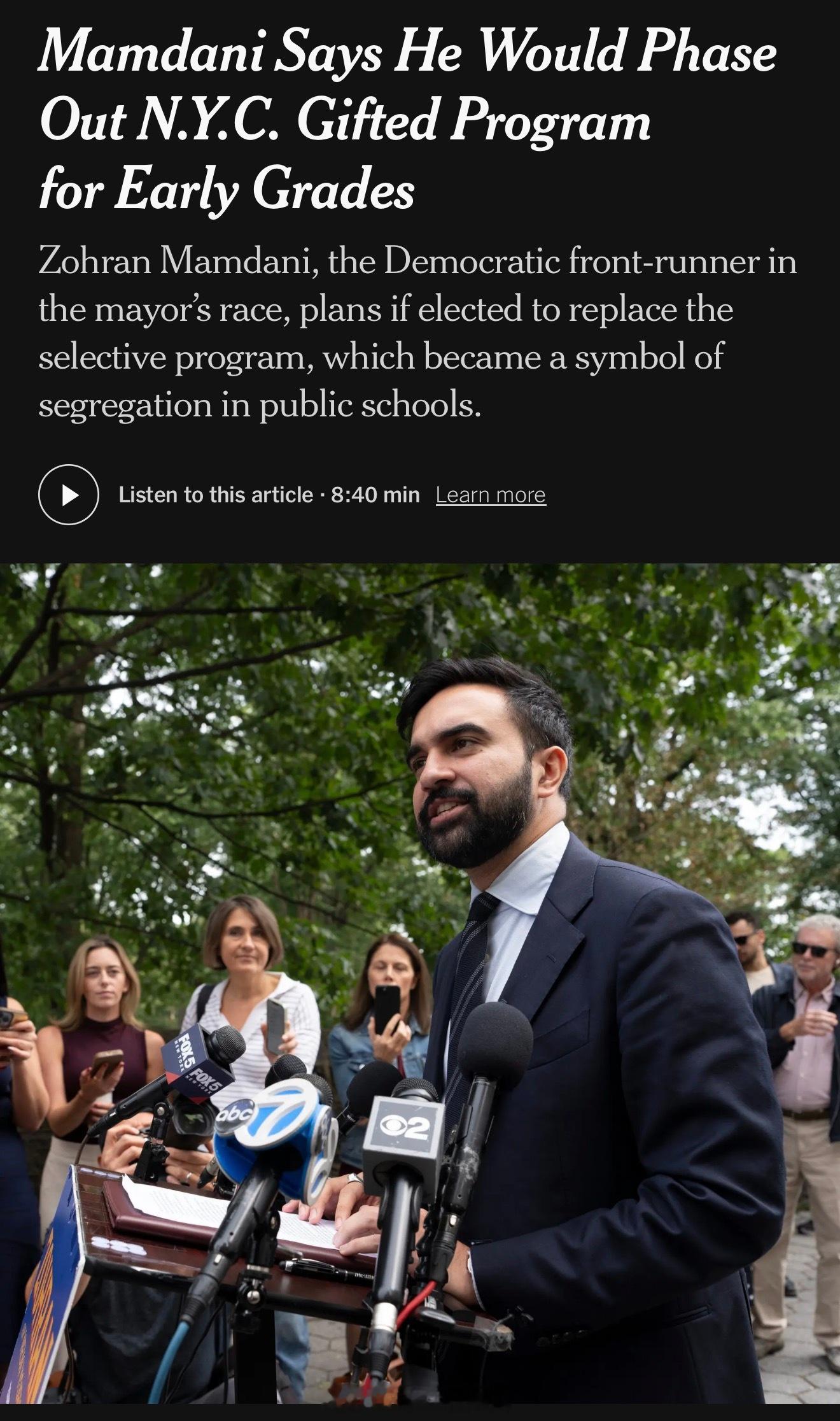 Zohran Mamdani表示若当选纽约市长，计划取消公立学校为幼儿园学生设立