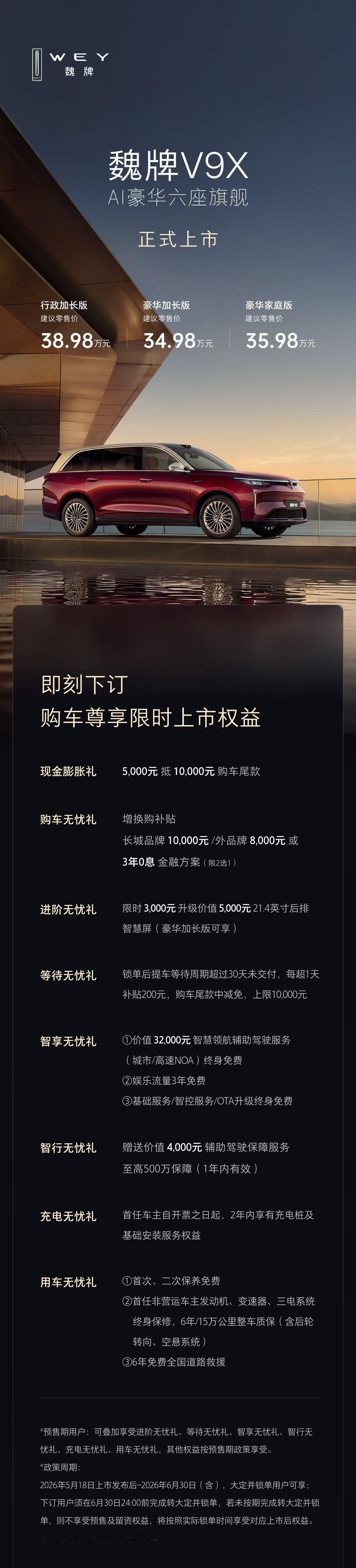 车盟快讯：今晚，魏牌V9X正式上市，共推出3款配置，建议零售价区间为35.98万