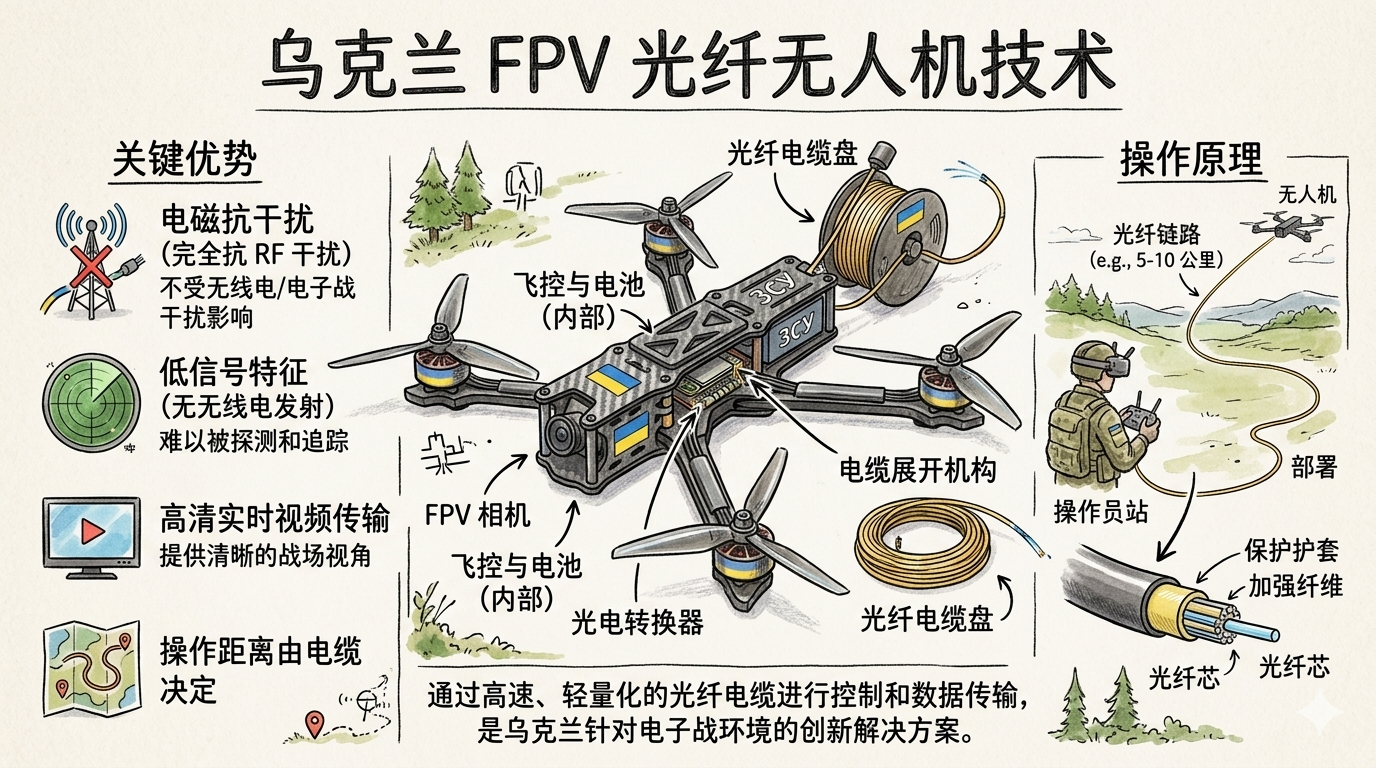 乌克兰的光纤FPV自杀式无人机，是俄乌战场上针对电子战干扰的重大创新武器。它通过