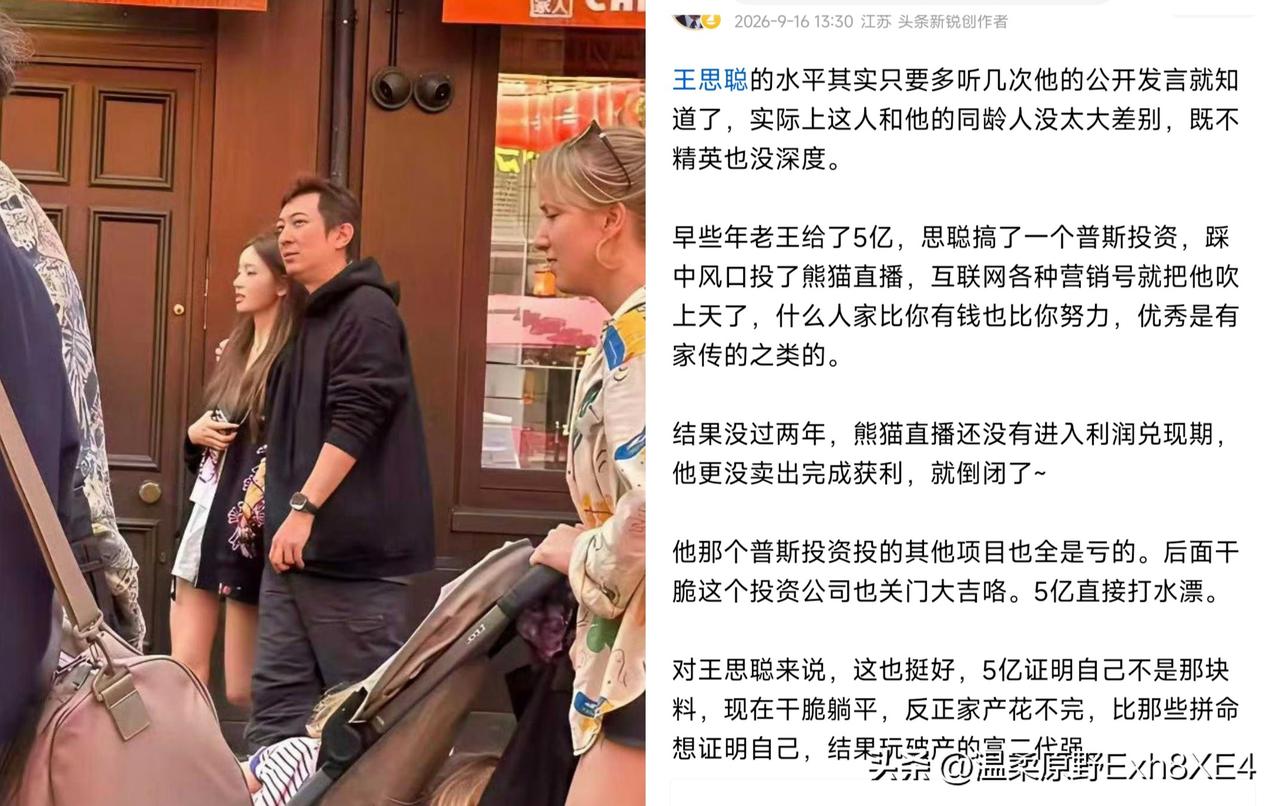 有人说王思聪的水平跟同龄人没太大差别，既没精度又没深度。熊猫直播、普思投资投那么