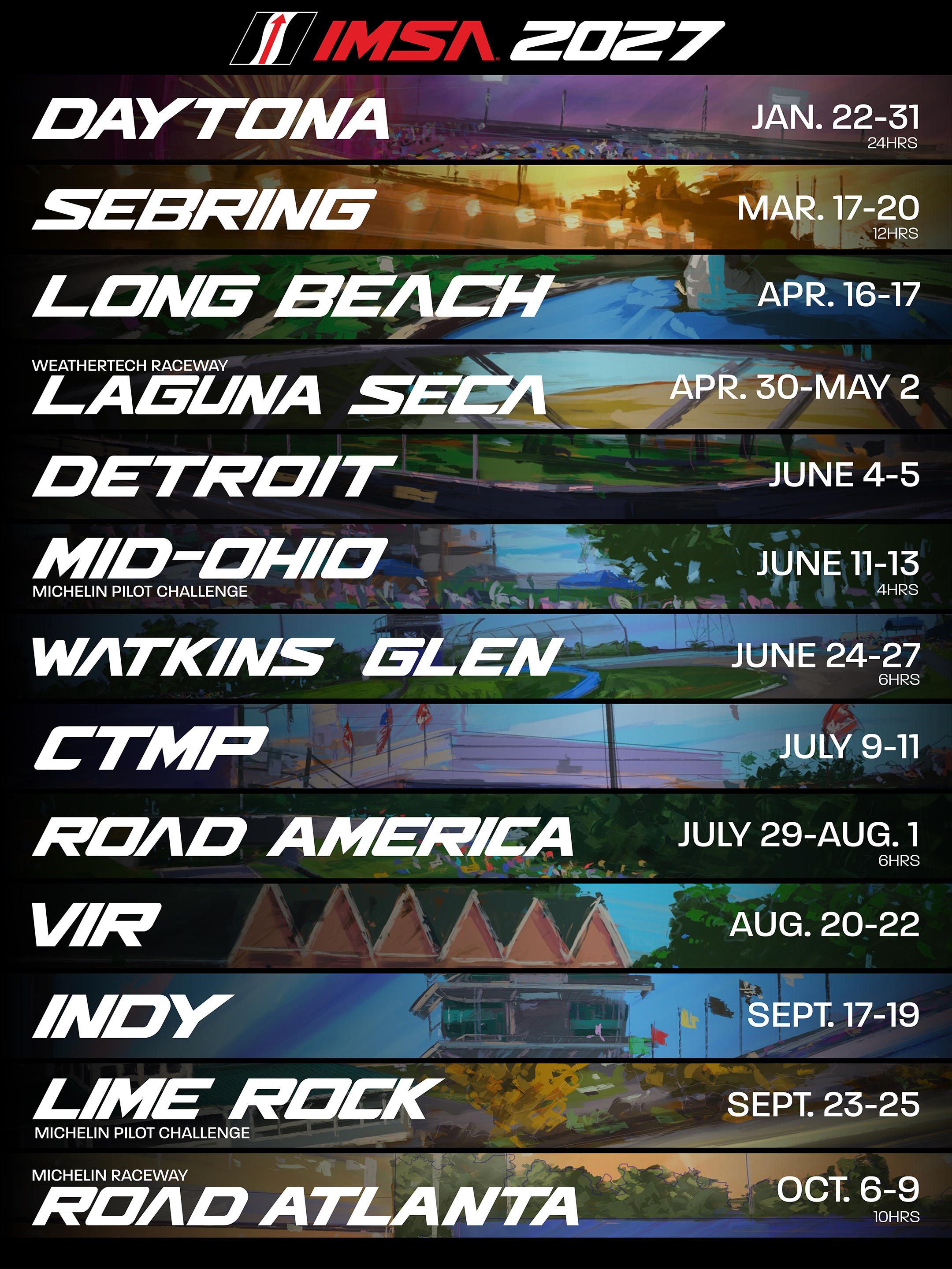 2027赛季IMSA赛历公布，全年13站比赛，石灰岩公园以IMPC分站回归~📅