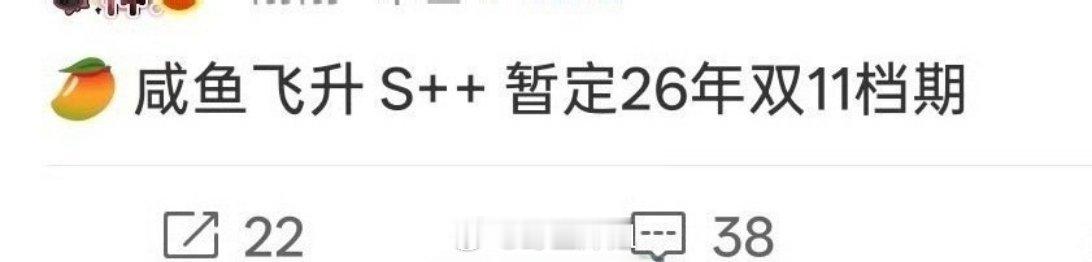 王鹤棣主演的《咸鱼飞升》为s++ ，会在🥭这边播出去，预计是明年的双十一这个档