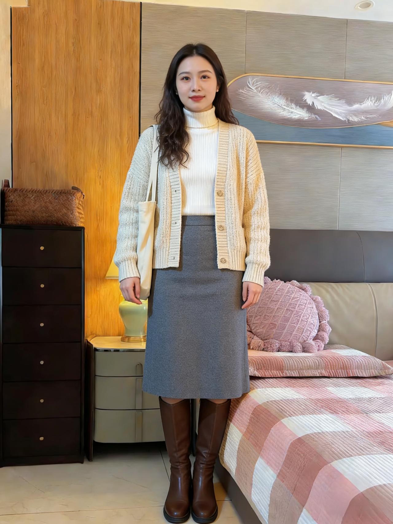 针织衣衫裹暖光，灰裙垂地静生香。
提包笑立卧室里，一段温柔岁月长。