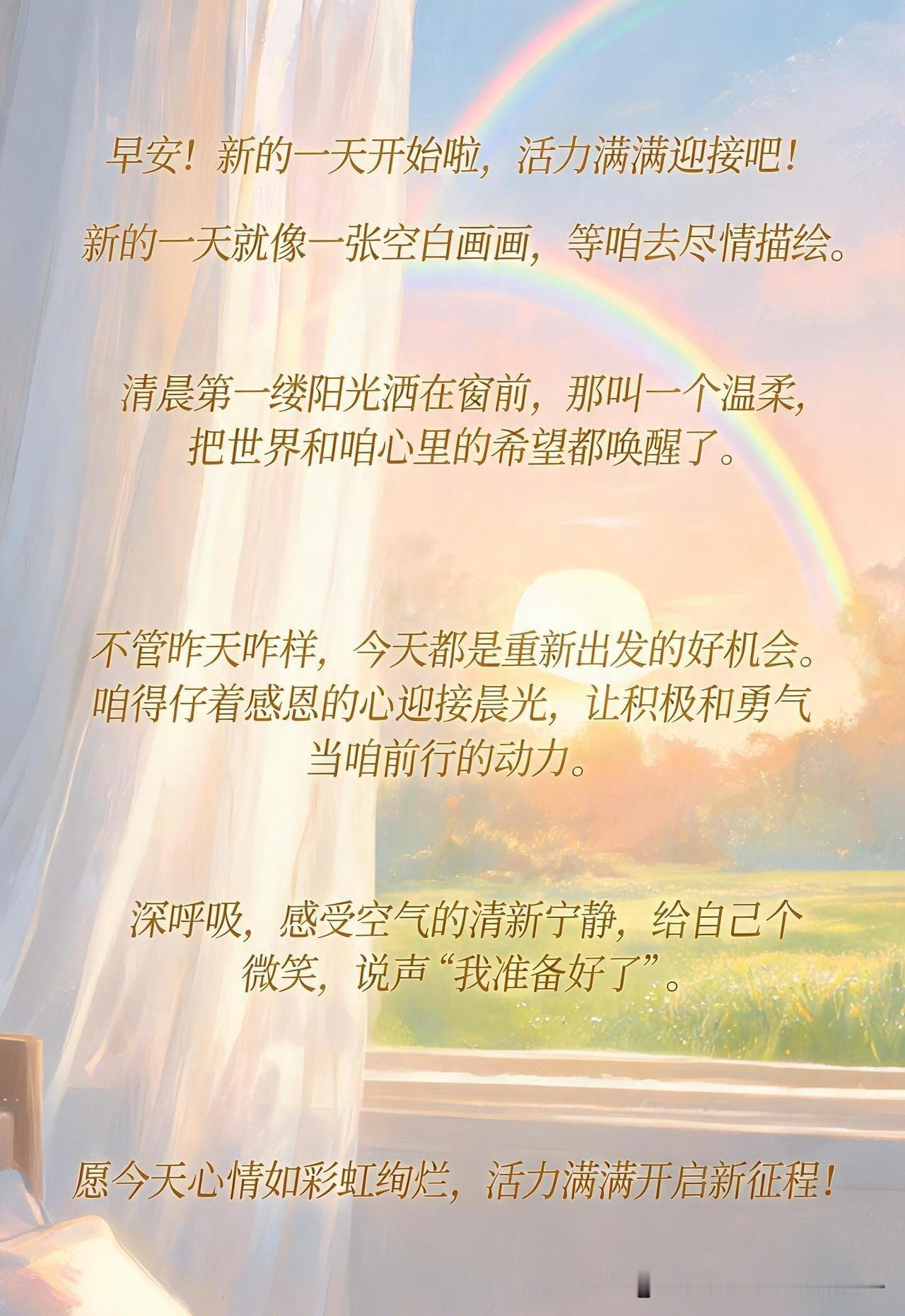 早安！新的一天开始啦，活力满满迎接吧！
         推开窗，放眼眺望，新的