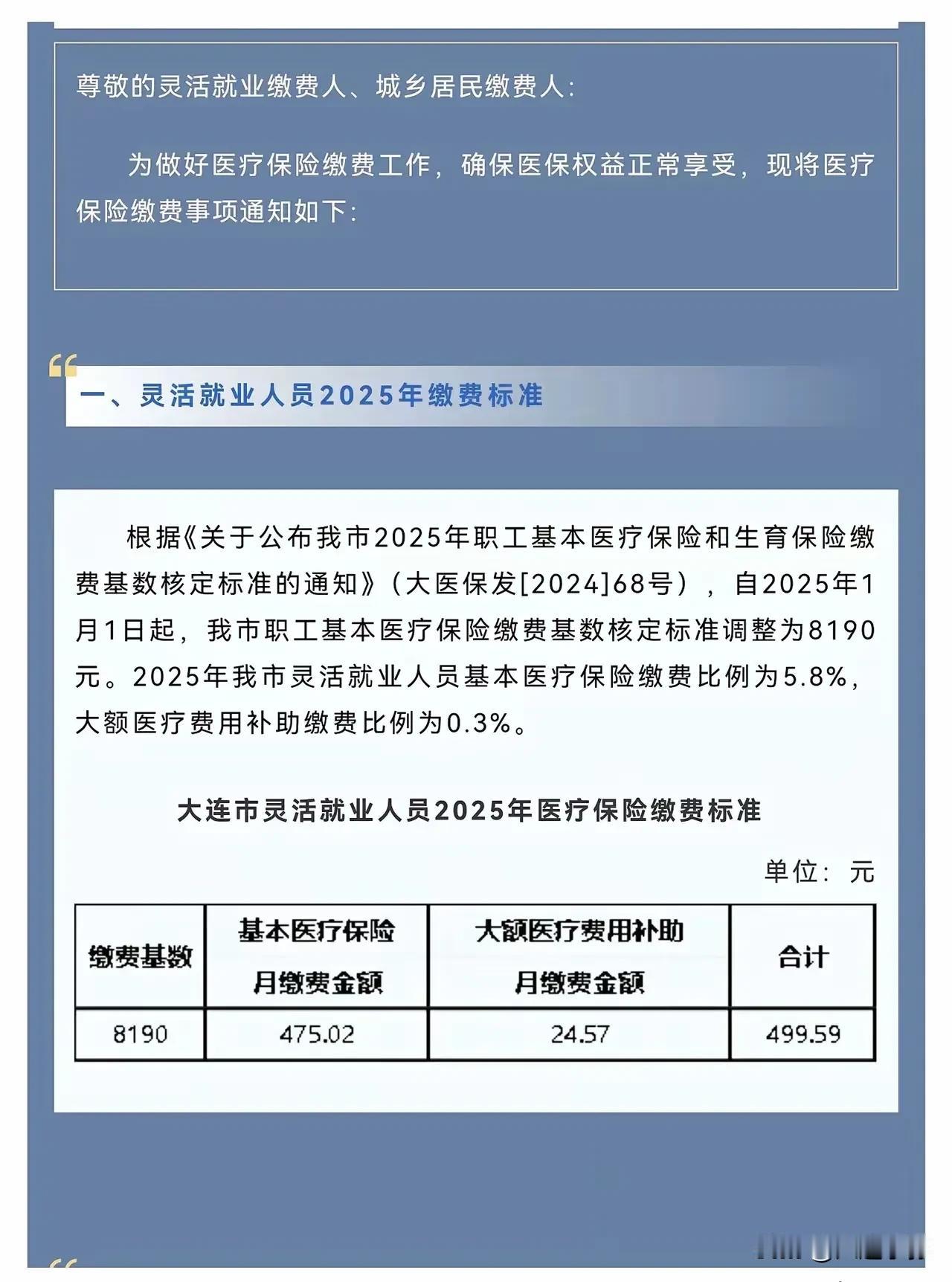 大连灵活就业人员请注意：2025年1月起医保缴费上调，生活压力加大，共克时艰！