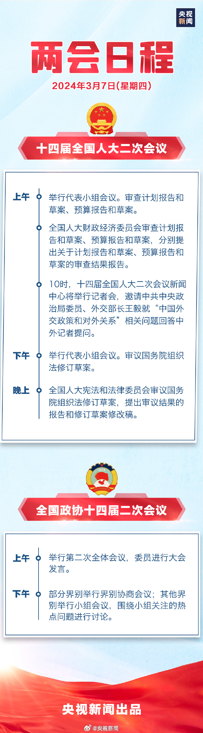 【[话筒]#3月7日两会日程#】今天，十四届全国人大二次会议新闻中心将举行记者会
