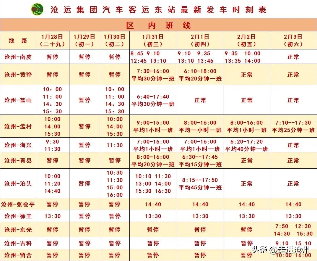 需要乘坐客车回家的注意了，沧州汽车客运东站发布了春节期间的发车时刻表，初一所有班