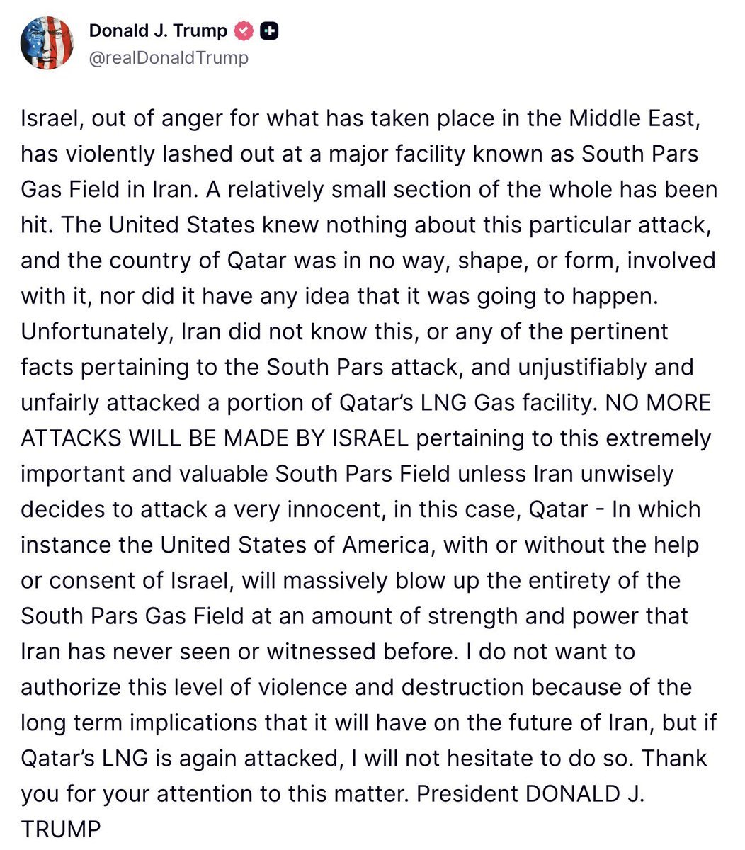 川普直接发了一份公开通牒。他命令以色列立刻停止对该气田的后续攻击。紧接着把枪口直