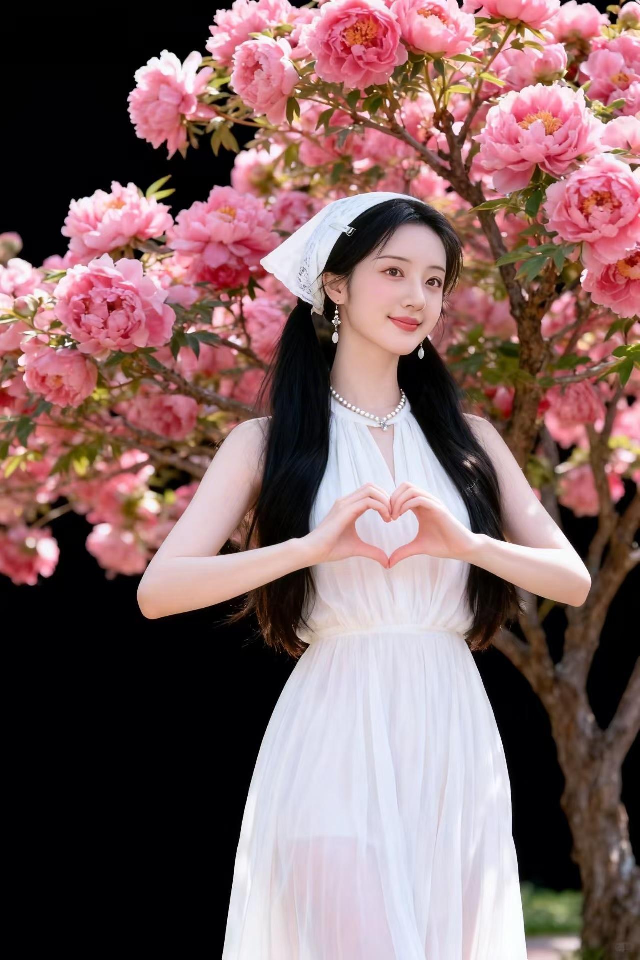 绝句 牡丹花下俏佳人
 
白裙如雪映花红，
玉手比心笑意浓。
一顾嫣然倾国色，