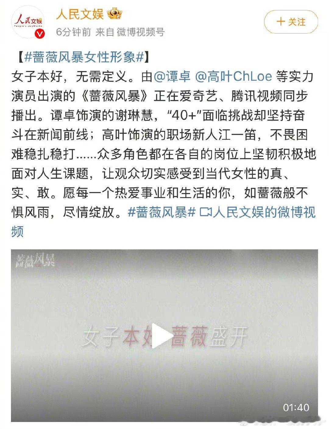 人民文娱评蔷薇风暴  《蔷薇风暴》中的女性角色敢于挑战，勇于突破，她们的故事激励