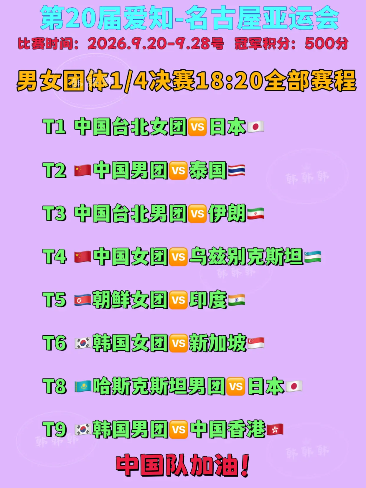 2026年名古屋亚运会。乒乓球项目男女团1/4决赛赛程表 中国队加油