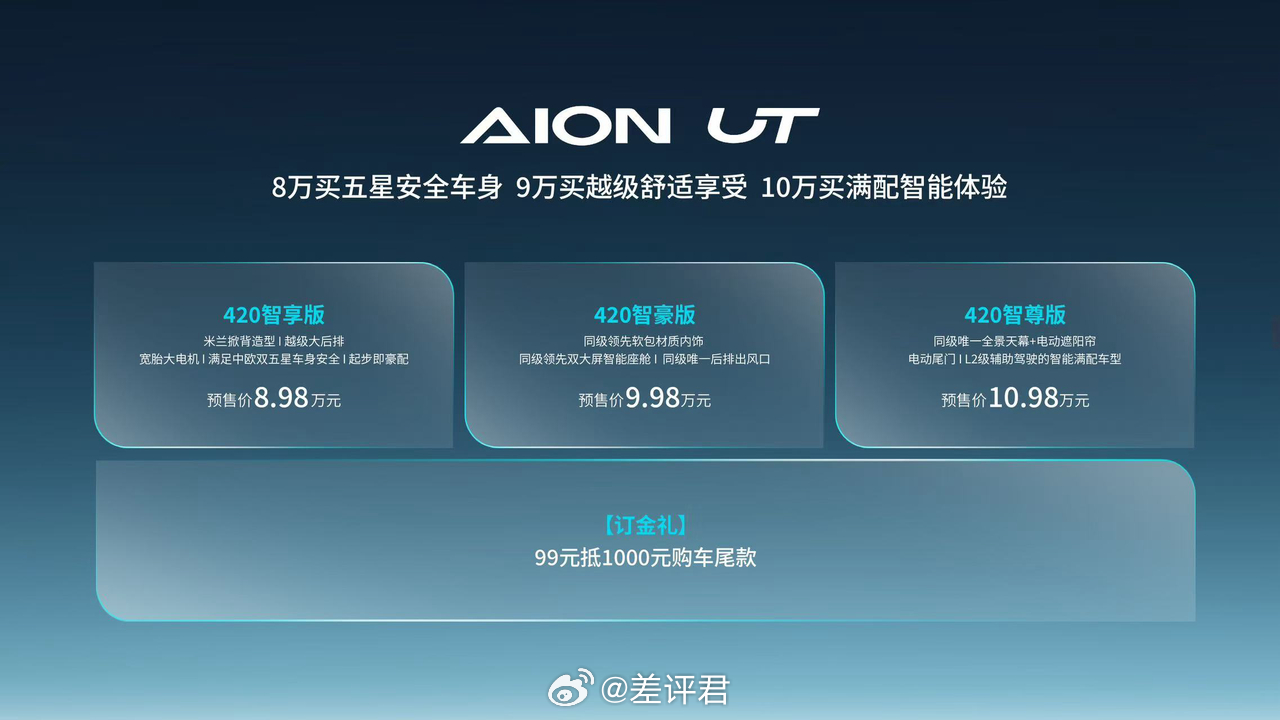 #差评说车# 昨晚埃安 AION UT 在广州白云国际会议中心正式开启预售，新车