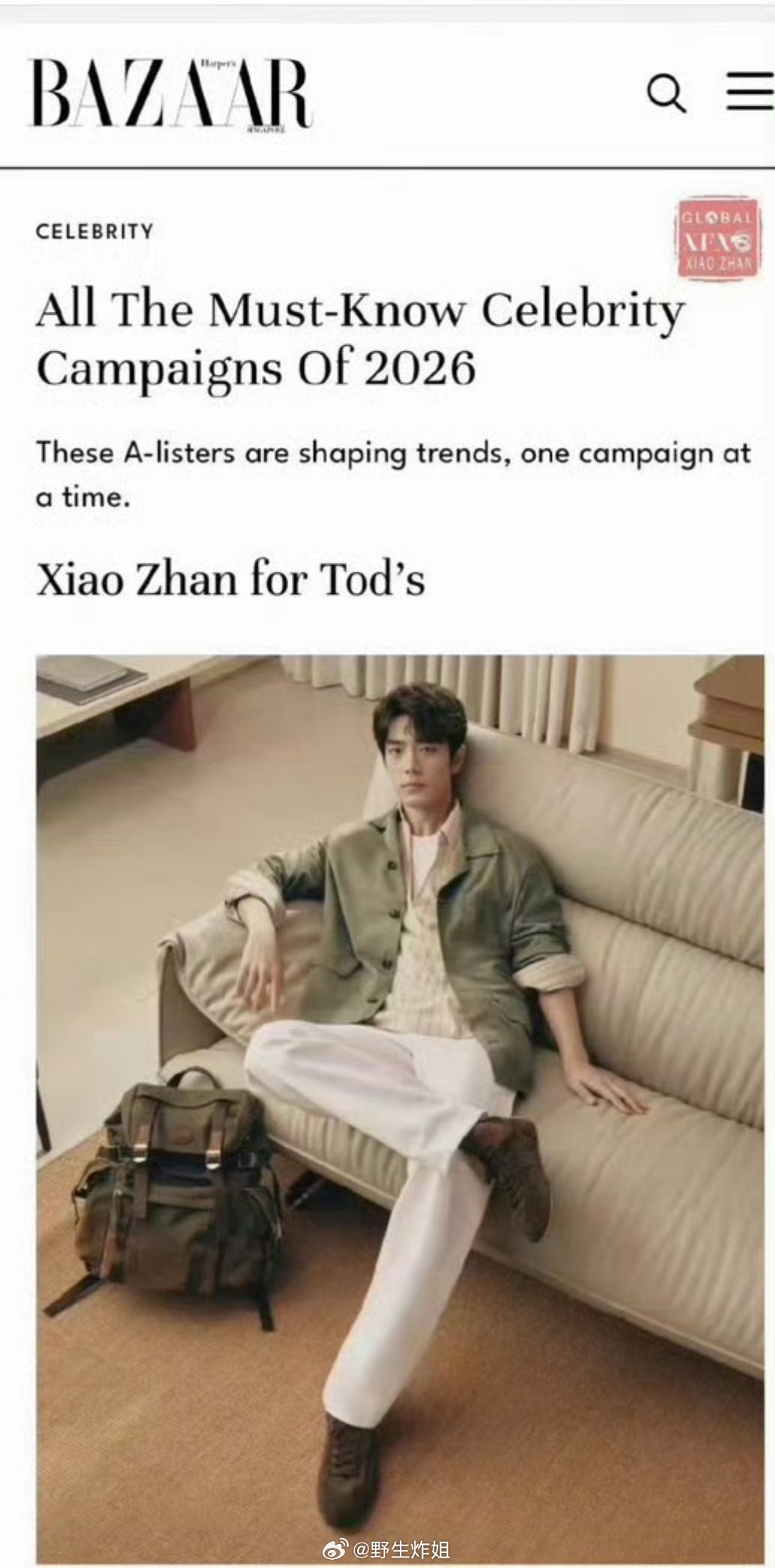 新加坡的时尚芭莎还专门提到了肖战呢，这可是内娱唯一一个被提及的艺人，肖战真的是火