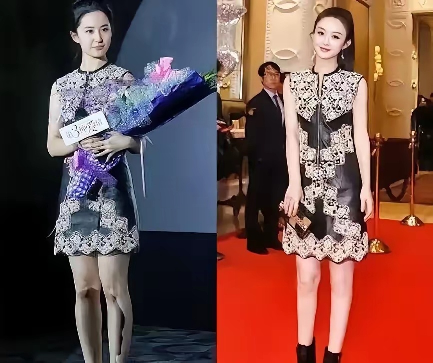 都是穿同一件衣服。赵丽颖明显比她看上去更有型一些 