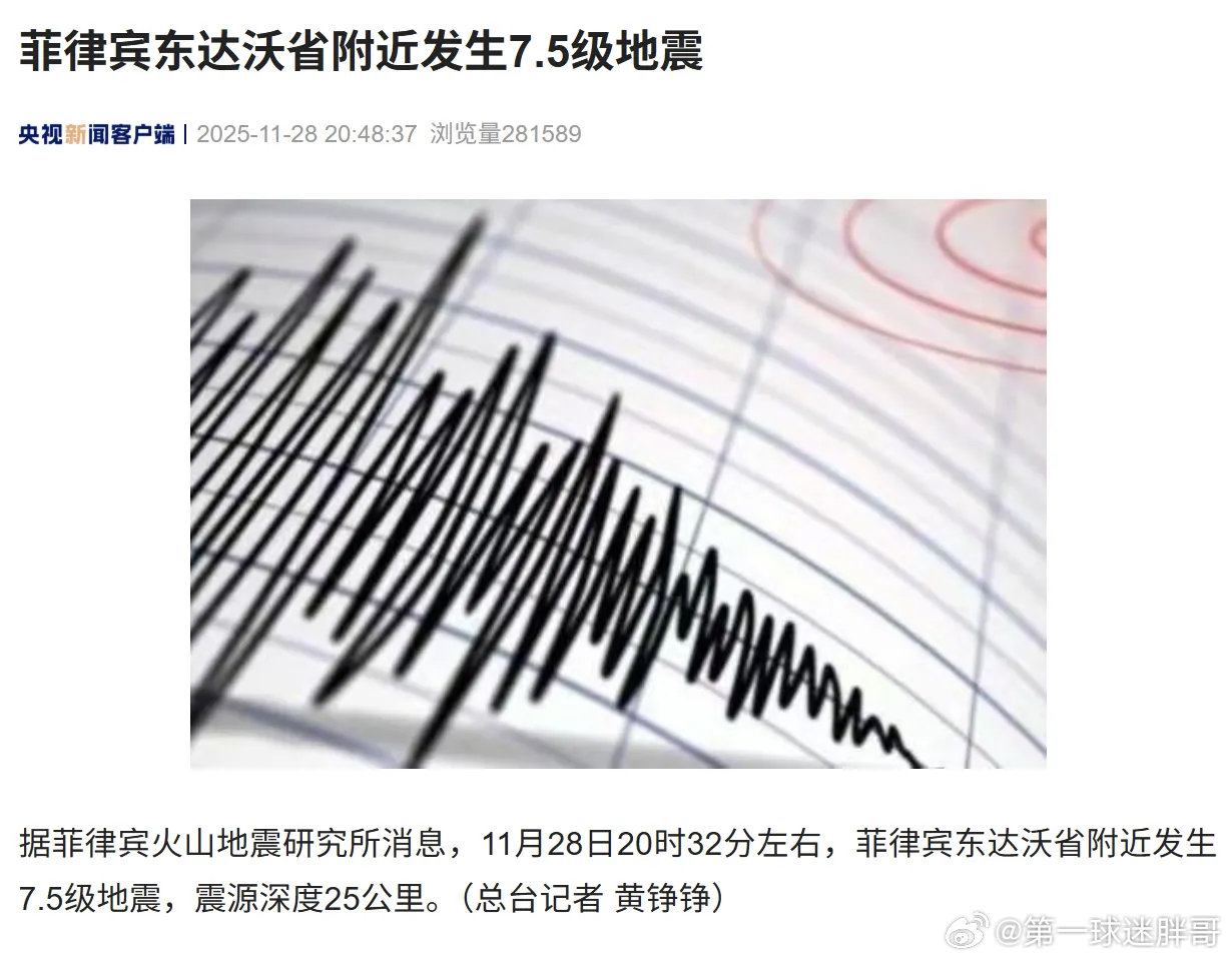 菲律宾7.5级地震 菲律宾突发7.5级地震据菲律宾火山地震研究所消息，11月28