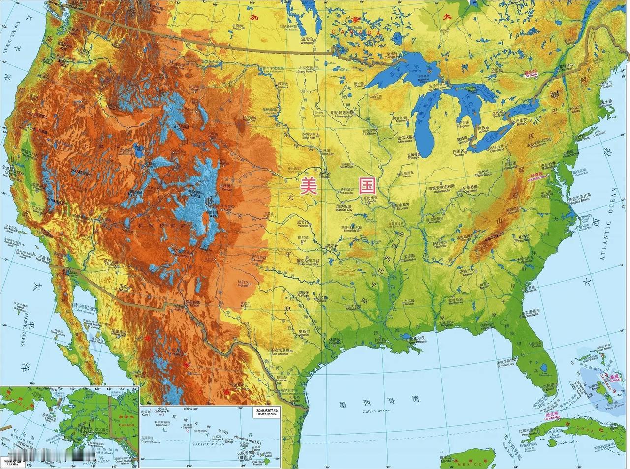 【地图】美国分层设色地形图