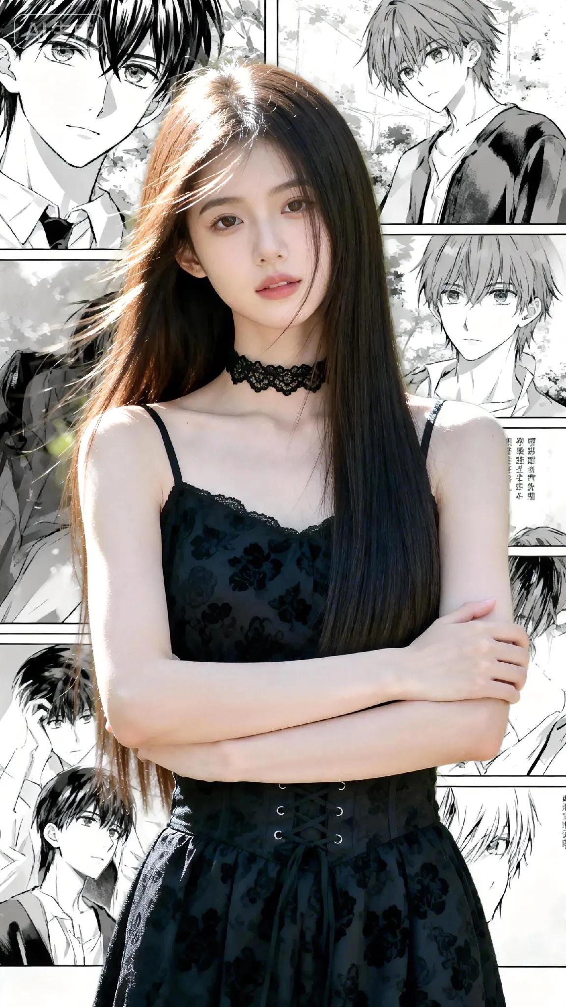 站在漫画分镜前，现实与次元的边界悄然模糊。黑丝绒吊带裙衬得肩线纤细，蕾丝颈圈缀着